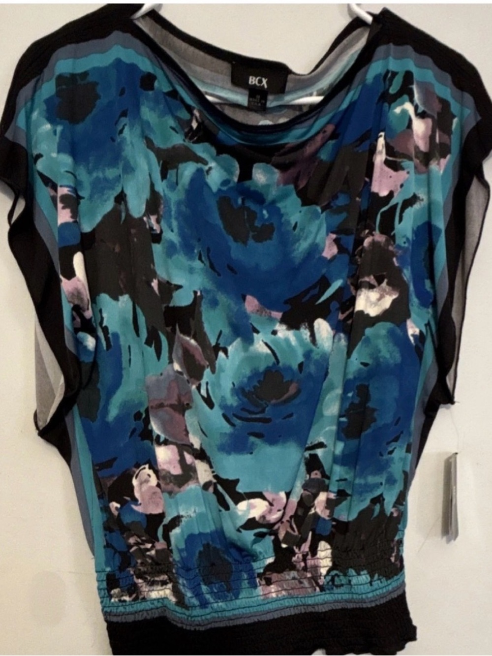 BCX Teal and Black Floral Blouson Top